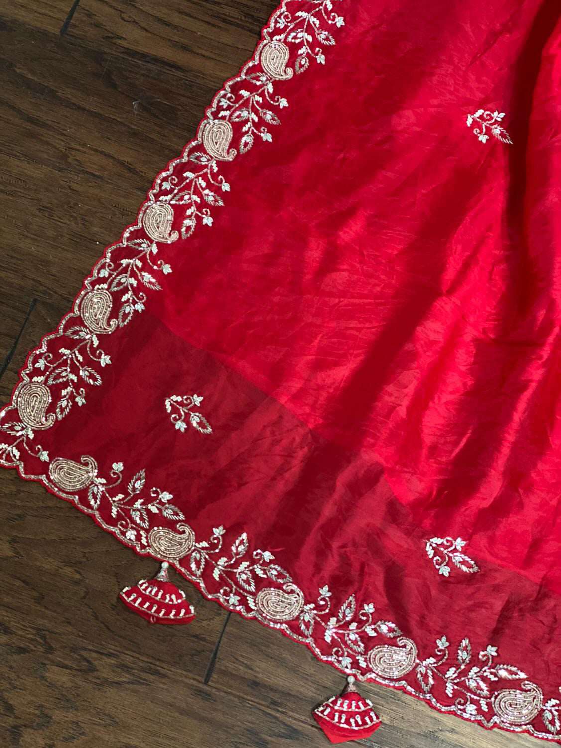 **New**Red satin organza saree with beads work and stitched blouse