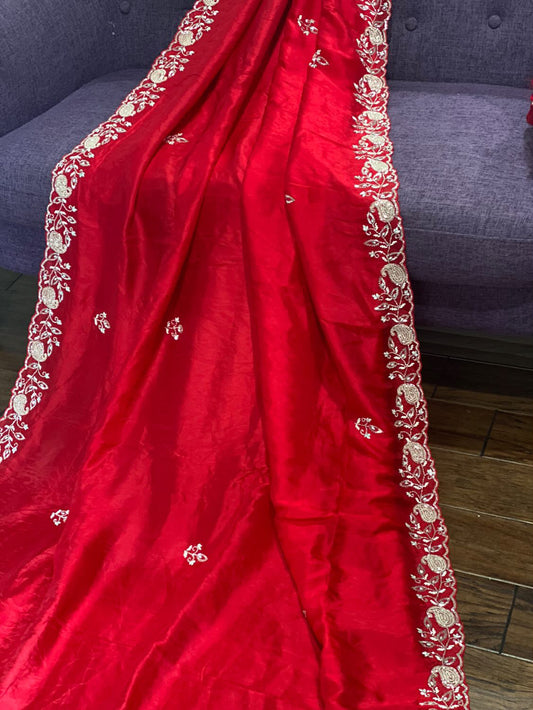 **New**Red satin organza saree with beads work and stitched blouse