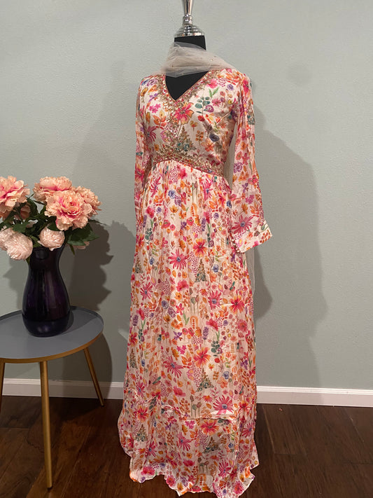 **New**chiffon crepe floral long dress