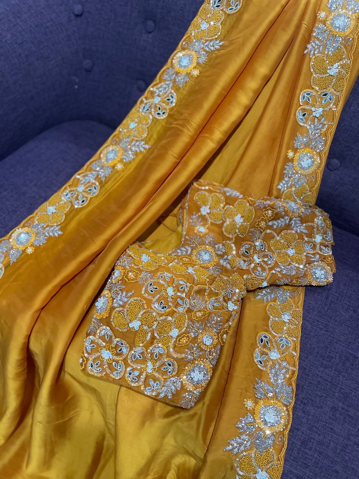 **New**Mustard yellow organza saree with Allover work blouse