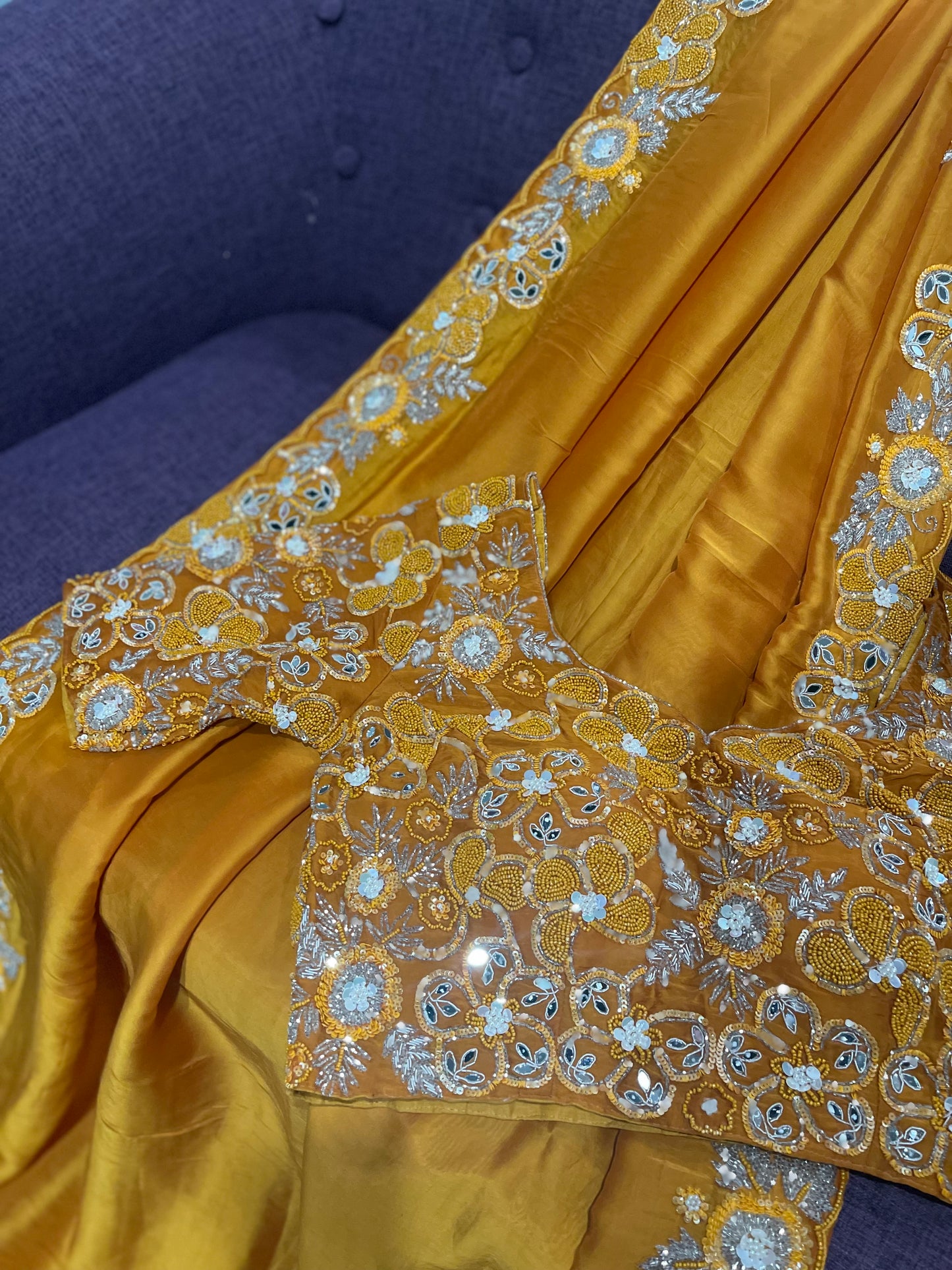 **New**Mustard yellow organza saree with Allover work blouse