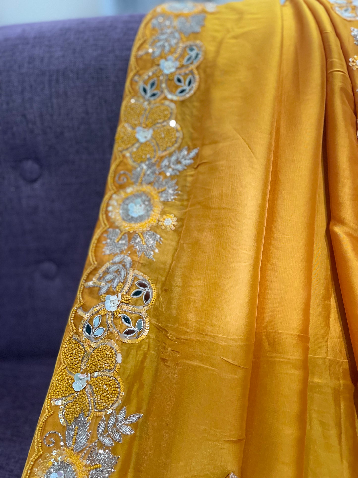 **New**Mustard yellow organza saree with Allover work blouse