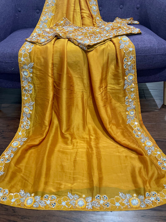 **New**Mustard yellow organza saree with Allover work blouse