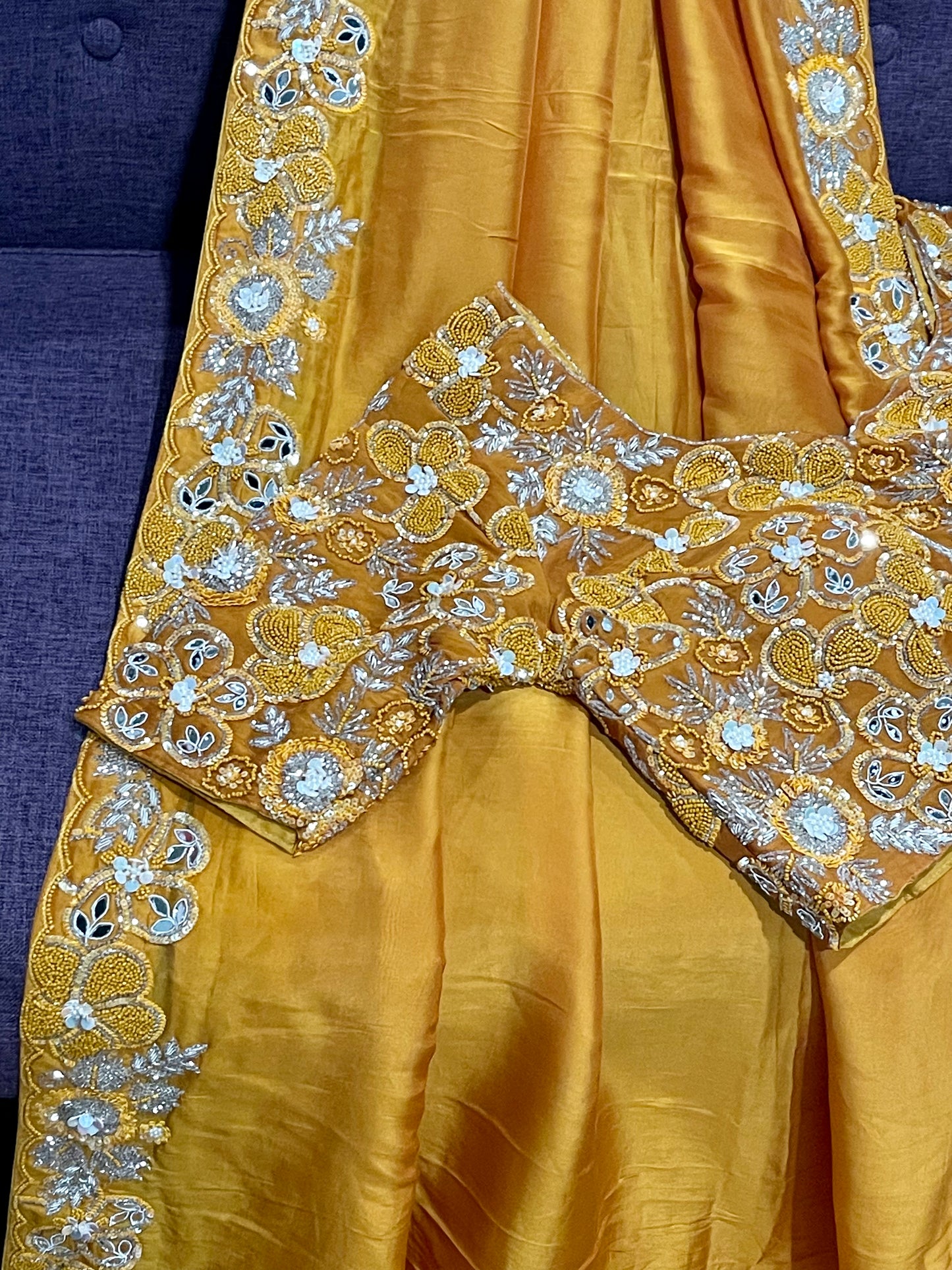 **New**Mustard yellow organza saree with Allover work blouse