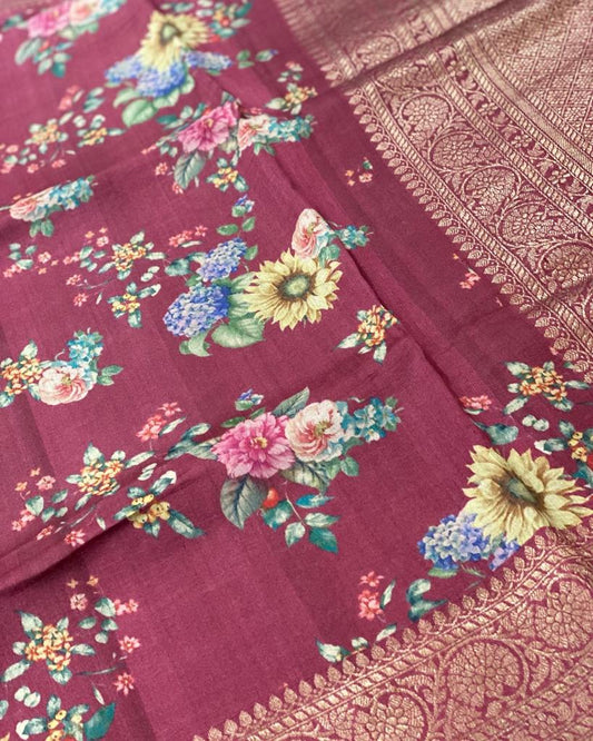 **New** Maroon Floral Tussar Silk Saree With Stiched Blouse