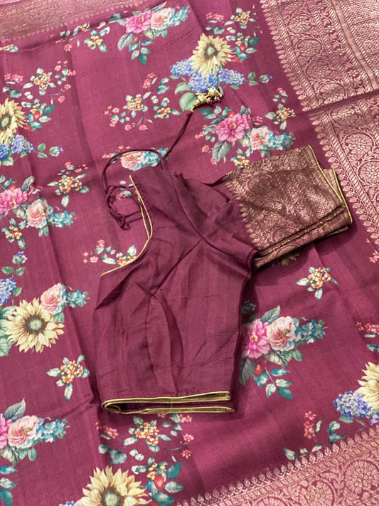 **New** Maroon Floral Tussar Silk Saree With Stiched Blouse