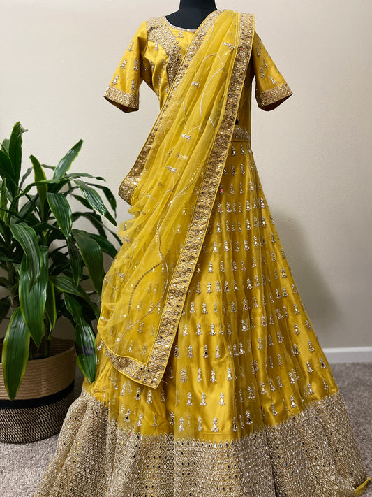 Yellow Netted Mirror Work Lehanga With Dupatta