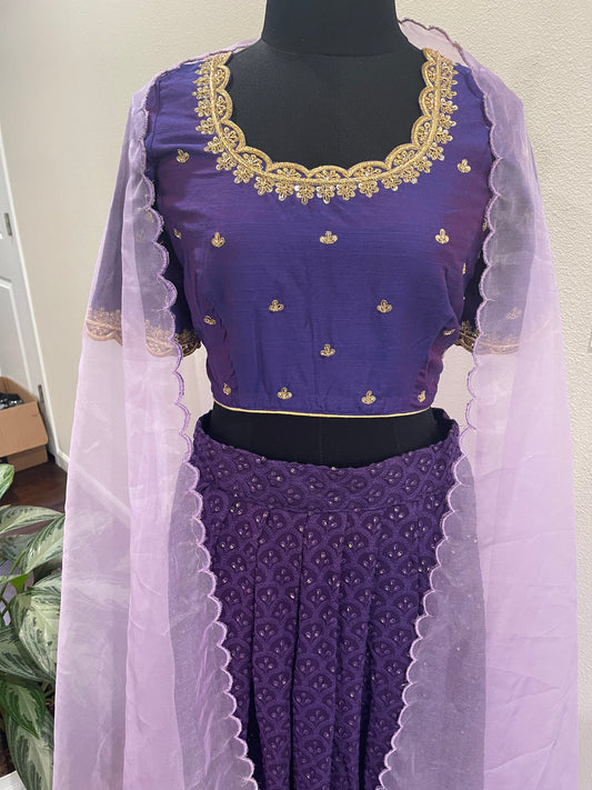 Violet chikankari lehanga CropTop with blouse and dupatta