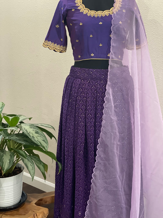 Violet chikankari lehanga CropTop with blouse and dupatta