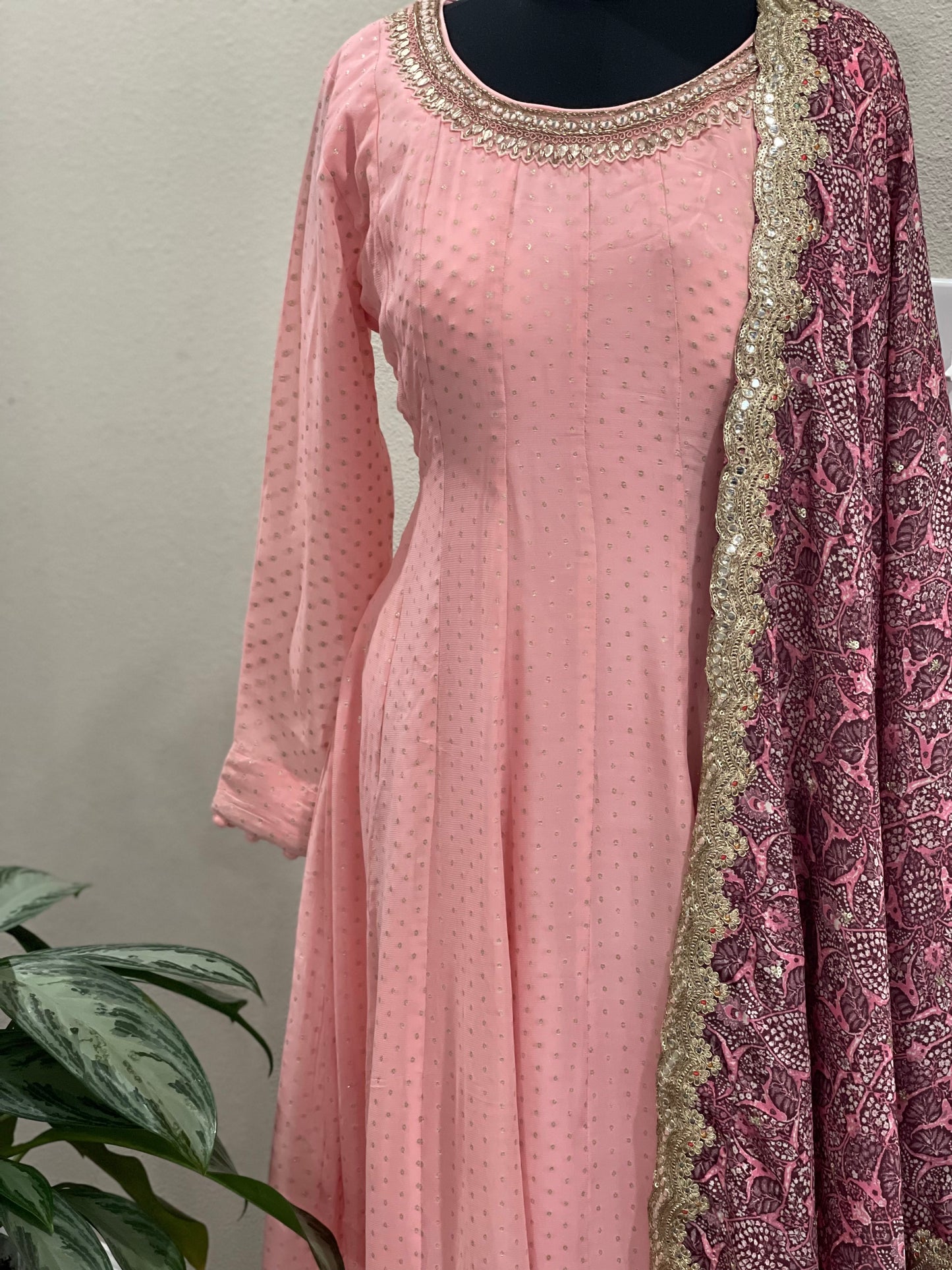 Pinkish peach georgette long fork with dupatta