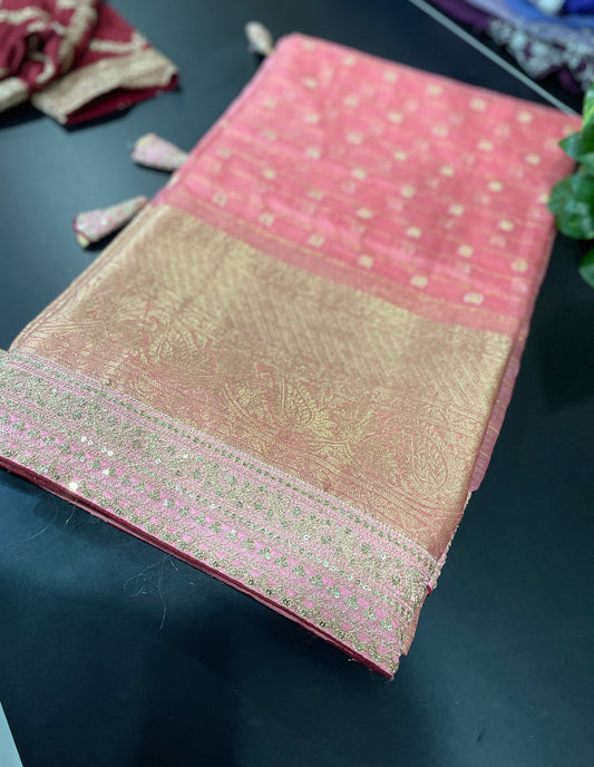 pink oraganza saree with blouse