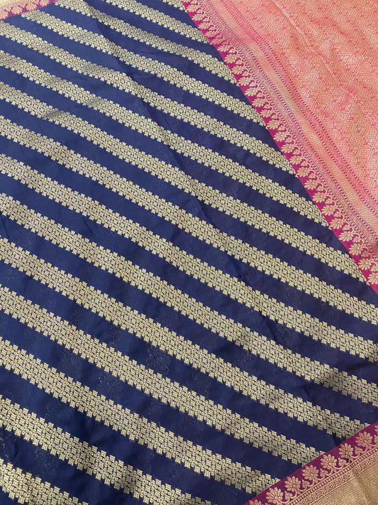 Navy Blue Stripe Benaras Silk Saree With Contrast Blouse