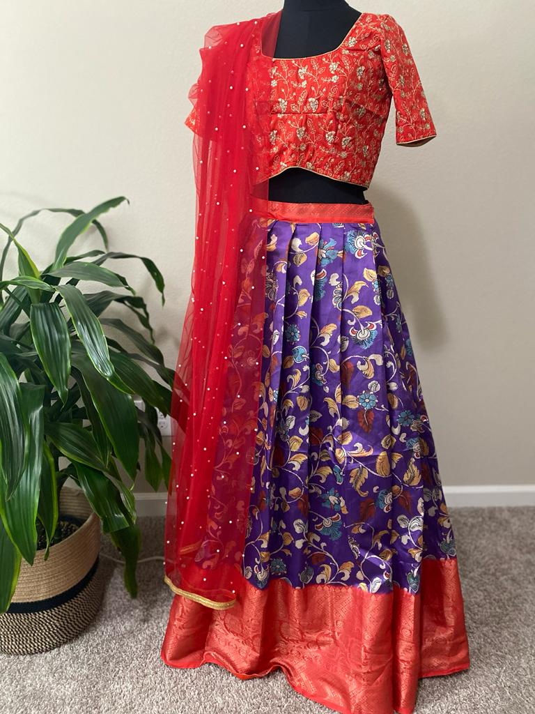 Kalamkari lehenga with raw silk work blouse