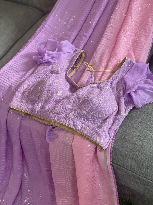 **sale**sequin Georgette saree with chikankari blouse and ruffle sleeves