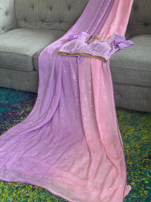 **sale**sequin Georgette saree with chikankari blouse and ruffle sleeves